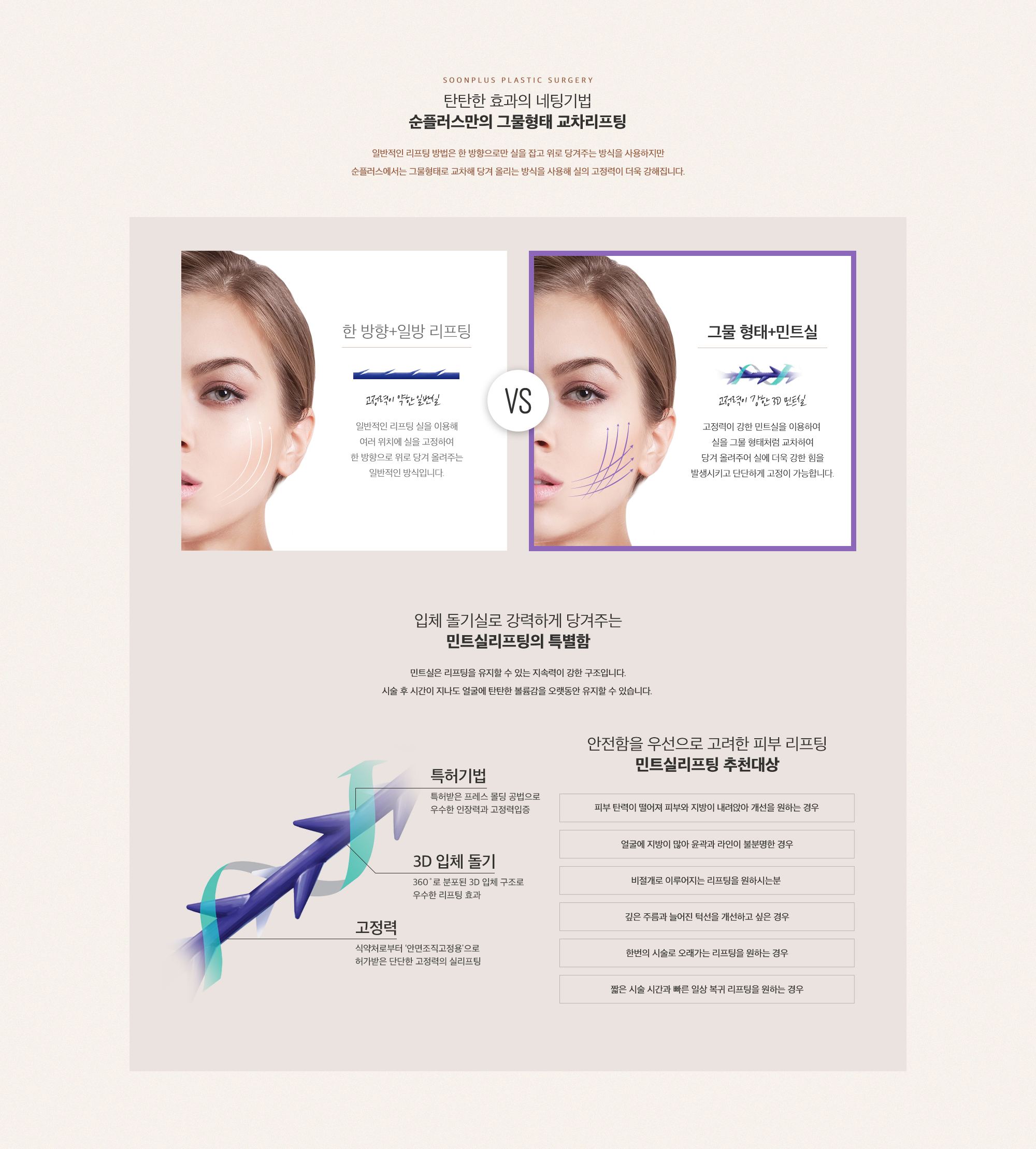 탄탄한 효과의 네팅기법, 순플러스만의 그물형태 교차리프팅